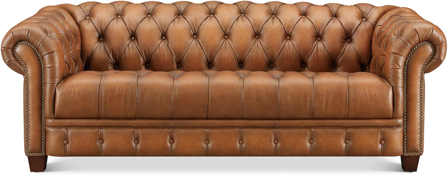 Hydeline York Leather Chesterfield Sofa, 88.5 inches, Tufted Top Grain Leather, Saddle Brown. Memory Foam and Springs Seating