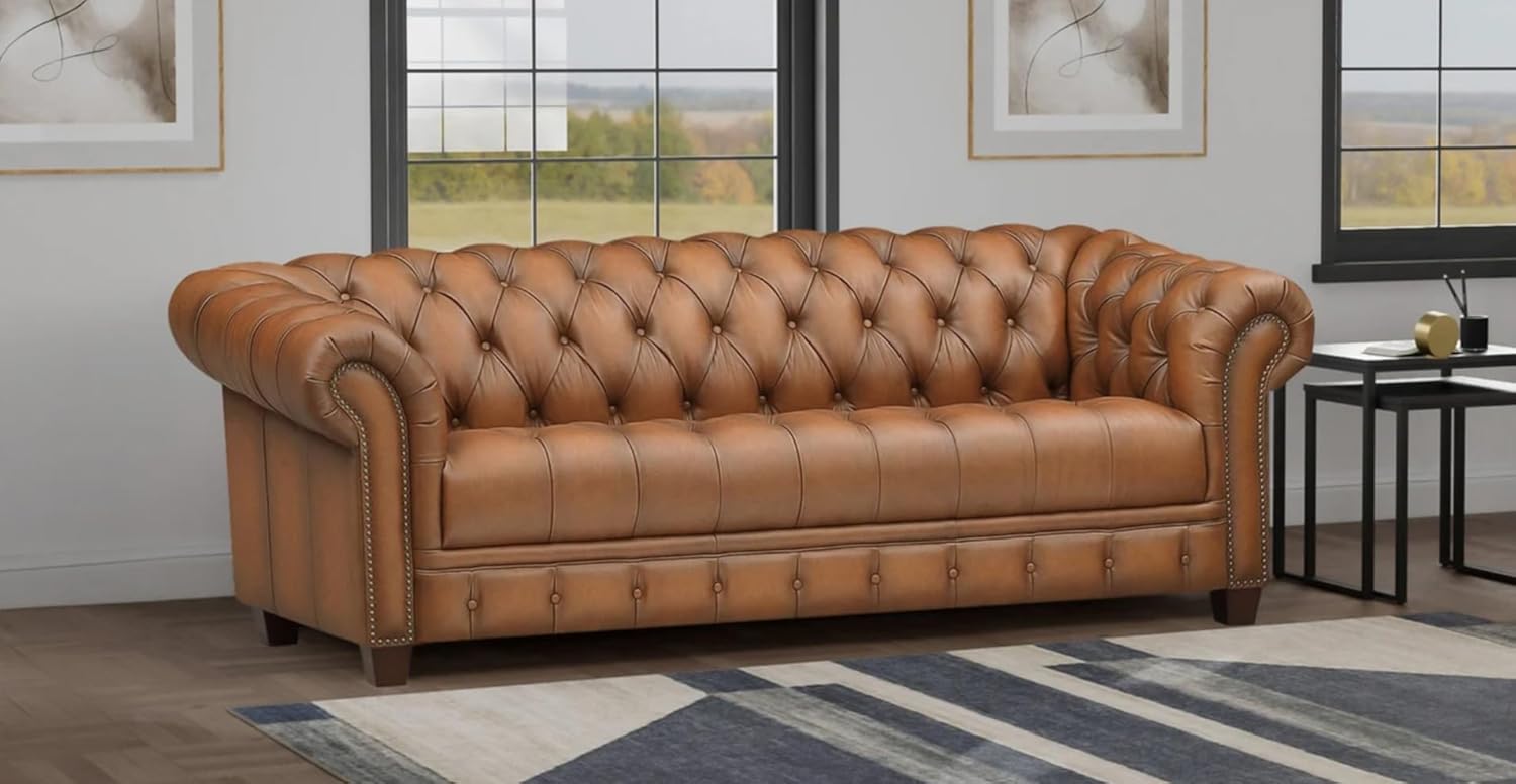 Hydeline York Leather Chesterfield Sofa, 88.5 inches, Tufted Top Grain Leather, Saddle Brown. Memory Foam and Springs Seating