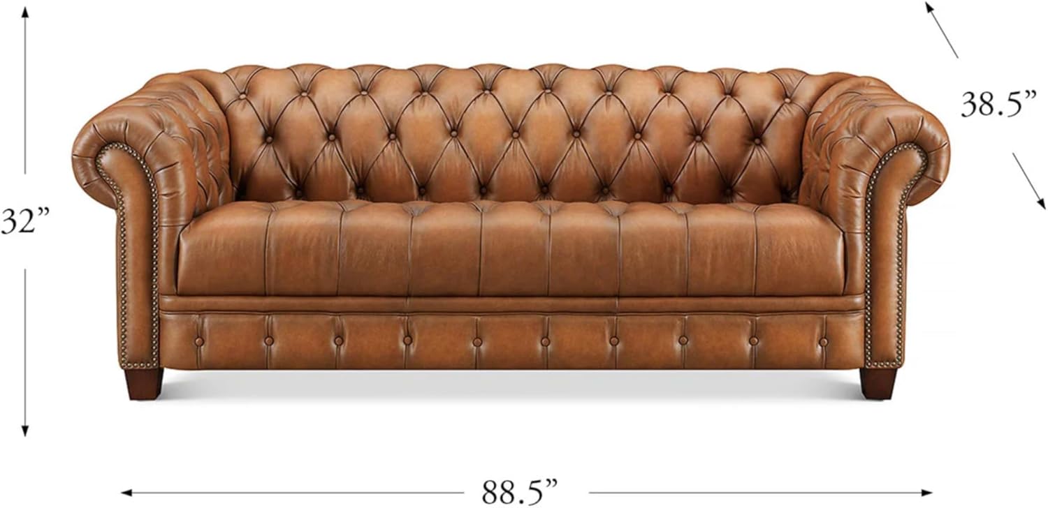 Hydeline York Leather Chesterfield Sofa, 88.5 inches, Tufted Top Grain Leather, Saddle Brown. Memory Foam and Springs Seating