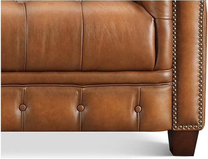 Hydeline York Leather Chesterfield Sofa, 88.5 inches, Tufted Top Grain Leather, Saddle Brown. Memory Foam and Springs Seating