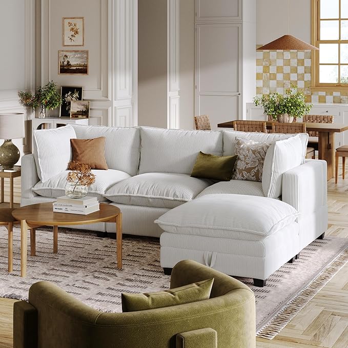Nathan James Chelsea Modern 6-Seater Sectional Sofa with Ottoman, Cloud Sofa Sectional with Pearl White Upholstery and Deep Seat Cushions