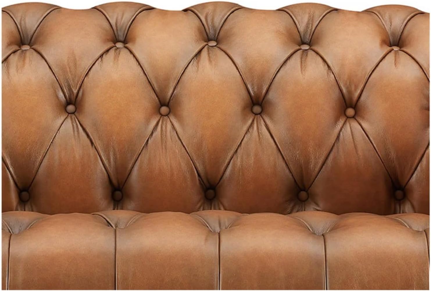 Hydeline York Leather Chesterfield Sofa, 88.5 inches, Tufted Top Grain Leather, Saddle Brown. Memory Foam and Springs Seating