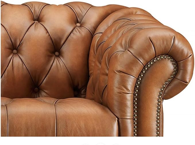 Hydeline York Leather Chesterfield Sofa, 88.5 inches, Tufted Top Grain Leather, Saddle Brown. Memory Foam and Springs Seating