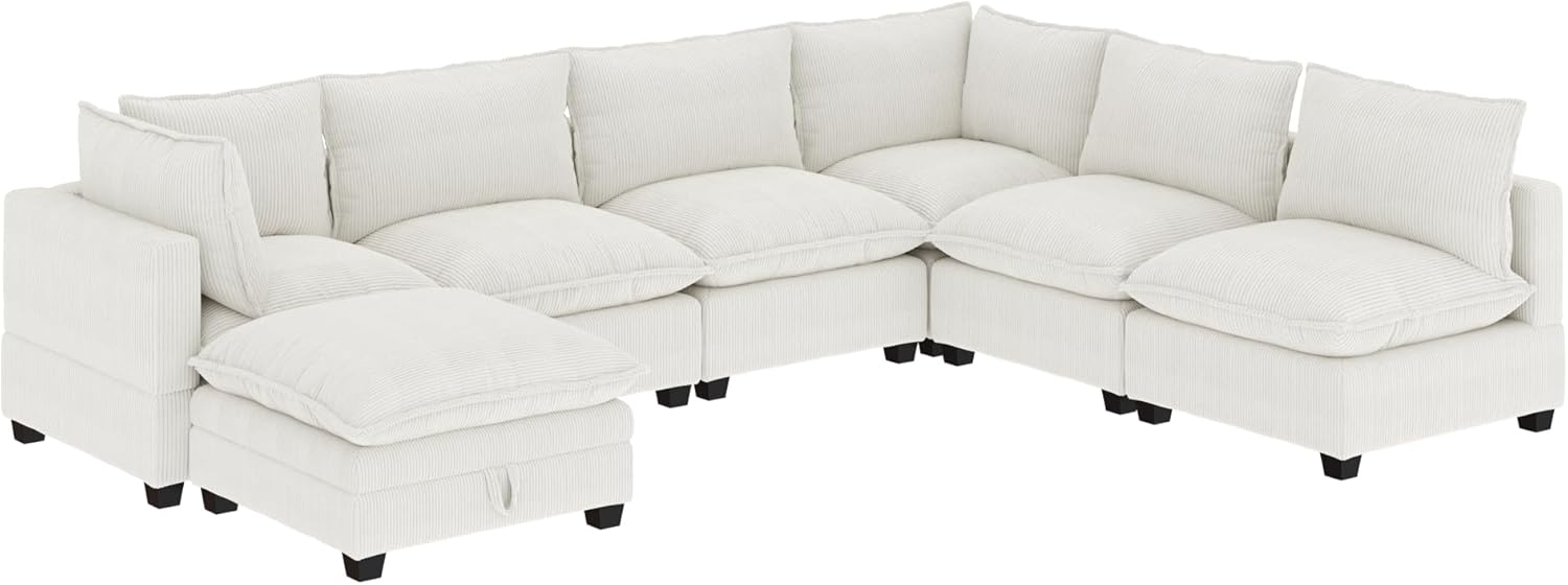 Nathan James Chelsea Modern 6-Seater Sectional Sofa with Ottoman, Cloud Sofa Sectional with Pearl White Upholstery and Deep Seat Cushions