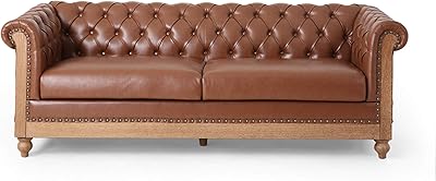 Hydeline York Leather Chesterfield Sofa, 88.5 inches, Tufted Top Grain Leather, Saddle Brown. Memory Foam and Springs Seating