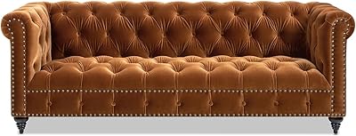 Hydeline York Leather Chesterfield Sofa, 88.5 inches, Tufted Top Grain Leather, Saddle Brown. Memory Foam and Springs Seating