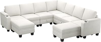 Nathan James Chelsea Modern 6-Seater Sectional Sofa with Ottoman, Cloud Sofa Sectional with Pearl White Upholstery and Deep Seat Cushions