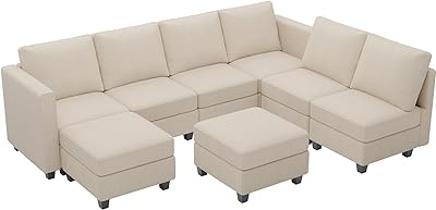 Nathan James Chelsea Modern 6-Seater Sectional Sofa with Ottoman, Cloud Sofa Sectional with Pearl White Upholstery and Deep Seat Cushions