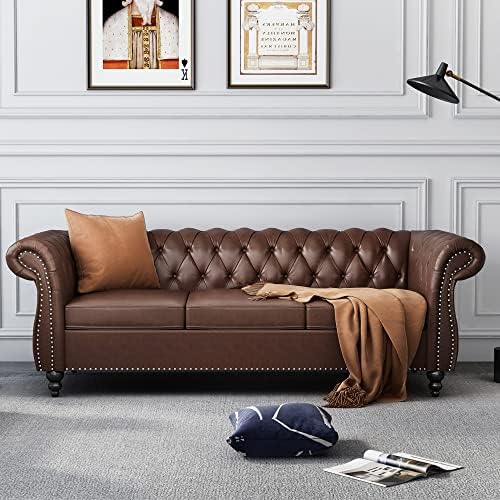 Hydeline York Leather Chesterfield Sofa, 88.5 inches, Tufted Top Grain Leather, Saddle Brown. Memory Foam and Springs Seating