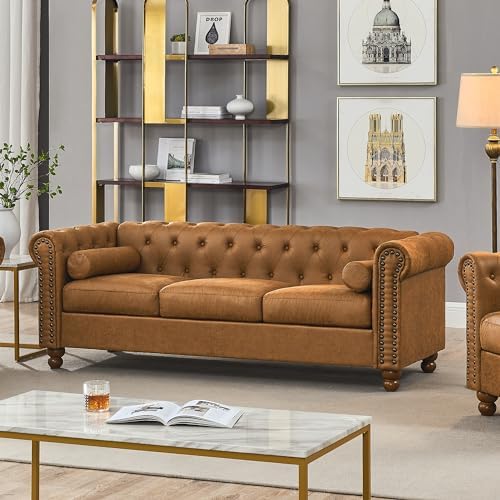 Hydeline York Leather Chesterfield Sofa, 88.5 inches, Tufted Top Grain Leather, Saddle Brown. Memory Foam and Springs Seating