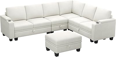Nathan James Chelsea Modern 6-Seater Sectional Sofa with Ottoman, Cloud Sofa Sectional with Pearl White Upholstery and Deep Seat Cushions