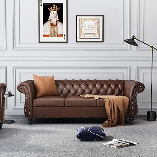 Hydeline York Leather Chesterfield Sofa, 88.5 inches, Tufted Top Grain Leather, Saddle Brown. Memory Foam and Springs Seating